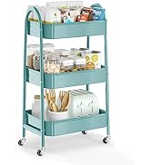 3 Tier Utility Rolling Cart, EAGMAK Metal Storage Cart with Handle and Lockable Wheels, Multifunc...