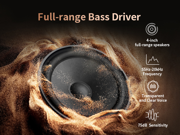 Passive bookshelf speaker with 4-inch full-range speaker, 55Hz-20kHz, sensitivity 75dB