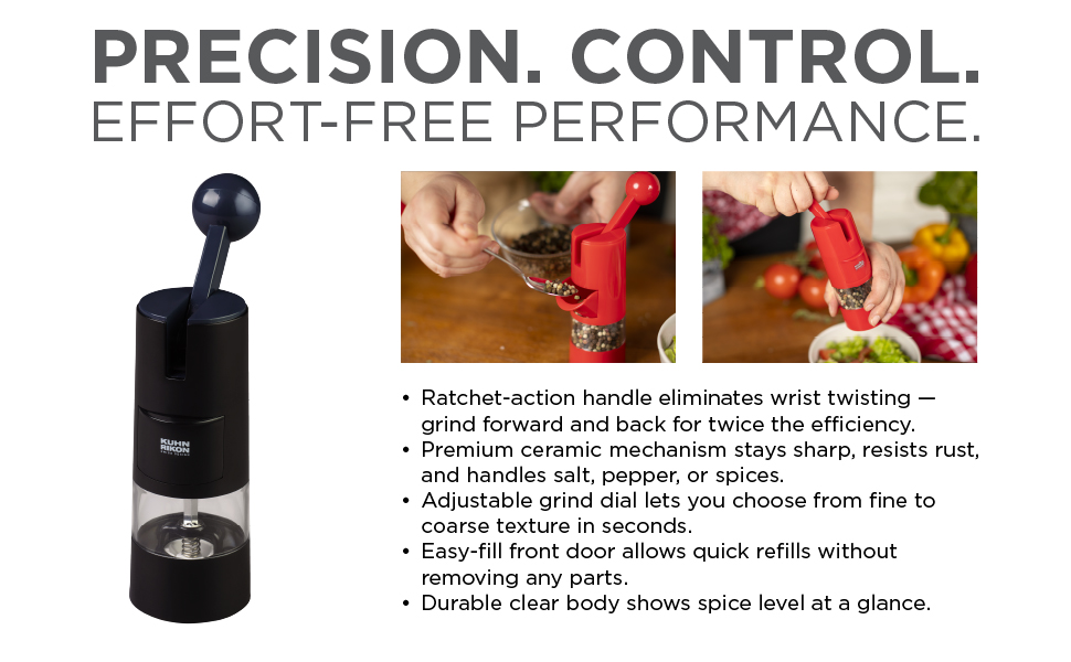 Black ratchet grinder showing effortless grinding without twisting motion