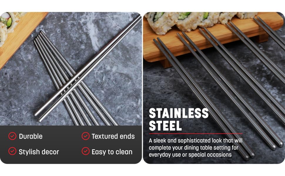Durable, stylish, and easy to clean; with textured ends to grab slippery foods