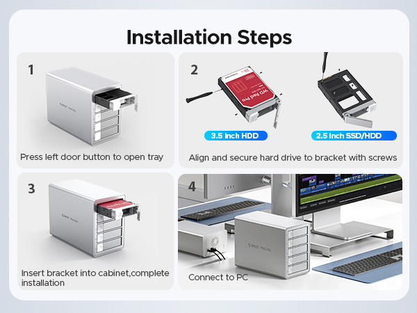Installation guide showing four steps to install a silver multi-bay hard drive enclosure, including tray removal, drive mounting, and PC connection.