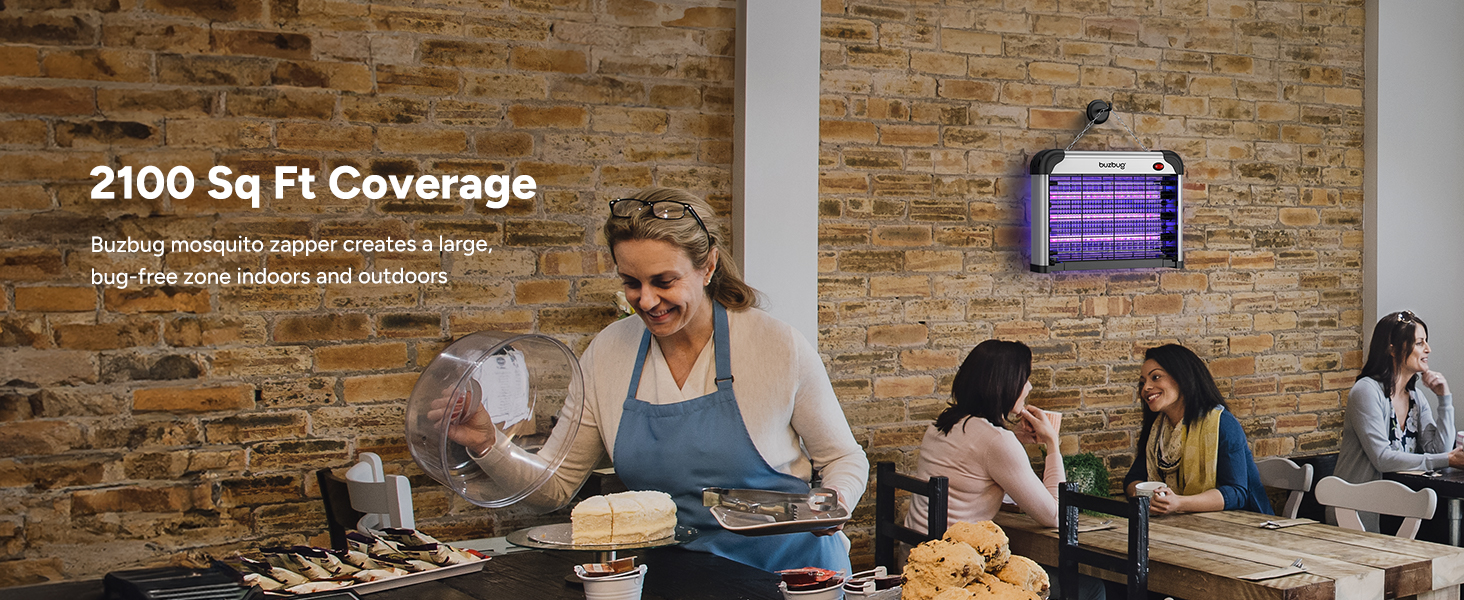 2100 Sq Ft Coverage Buzbug mosquito zapper creates a large, bug-free zone indoors and outdoors