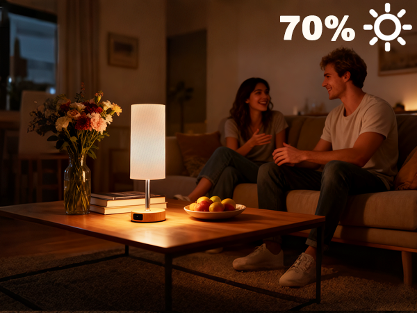Text reads '70%'. Living room scene showing lighting conditions at different times, demonstrating ambient light adjustment capabilities.