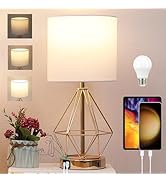 Table Lamp with USB Port, 3 Way Dimmable Touch Lamps for Nightstand, Modern Small Bedside Lamp wi...