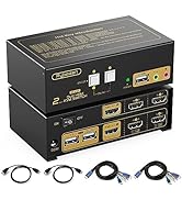 KVM Switch 2 Computers 2 Monitors, 2 Port 4K@30Hz HDMI KVM Switch Share 3 USB Devices, Extended D...