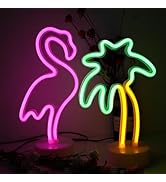 2 Packs Decoration Neon Signs Light Pink Flamingo and Green Palm Tree Neon Wall Decor Lights USB/...