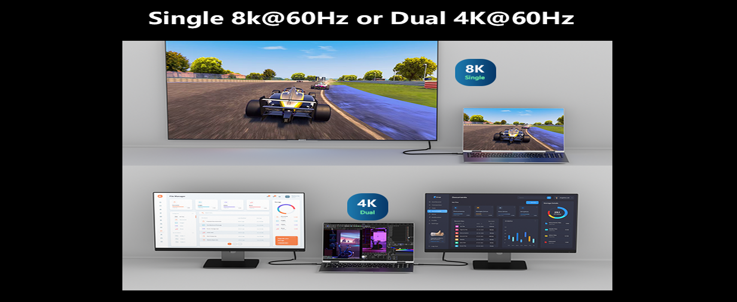 Supports 8K or dual 4K monitor output via right-angle Thunderbolt 4 cable.