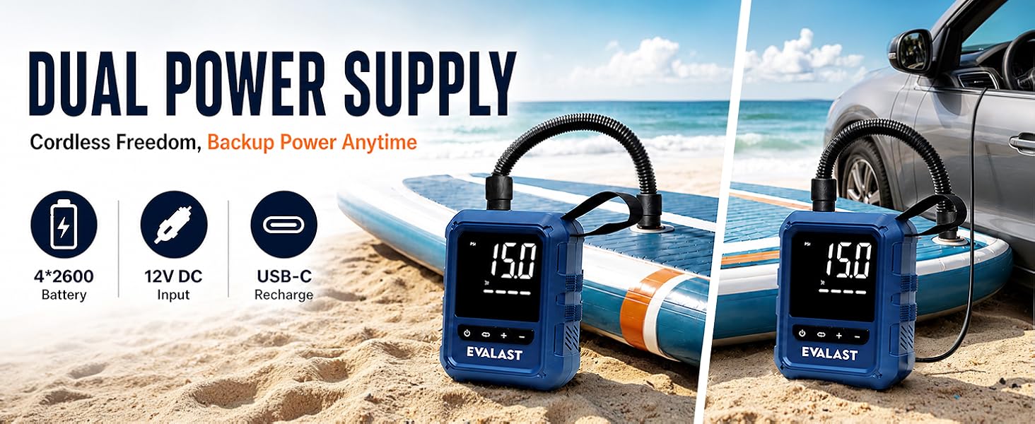 EVALAST SUP pump shown with rechargeable battery, USB-C charging, and 12V vehicle power supply.