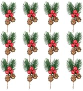 KFJBPB 12 Pcs Artificial Christmas Picks 3.5Inch, Holly Berry Stems Pine Cones Pine Stems Holly L...
