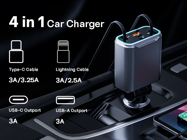 retractable car charger 4 in 1 fast car phone