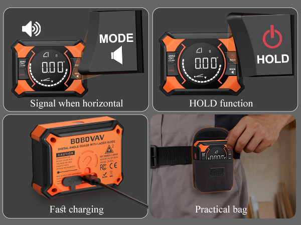 Text includes 'MODE', 'HOLD', 'Fast charging', 'Practical bag'. Digital interface screens showing various settings and modes with orange indicators.