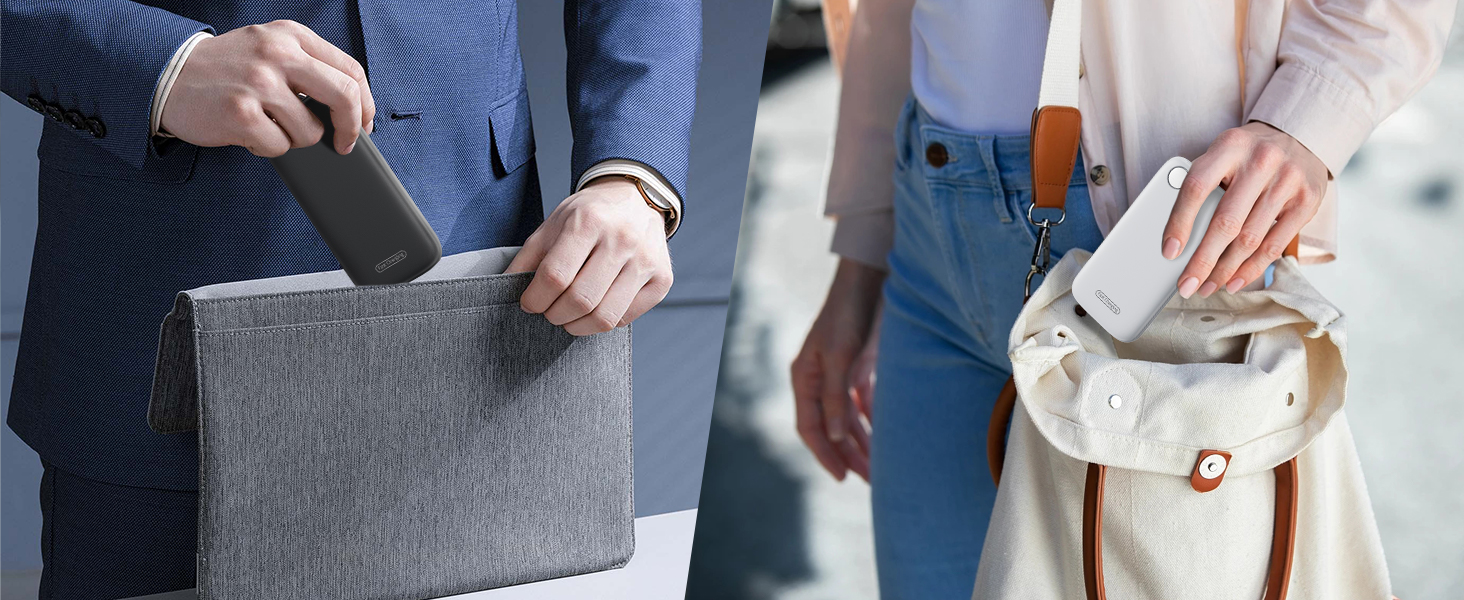 Cropped view of two people carrying bags: one holding a gray rectangular laptop case, the other a white handbag with brown strap.