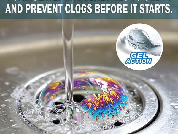 Label with swirling liquid, water pouring into a drain, and text about enzymes and gel action.