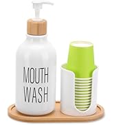 Mouthwash Dispenser with Cup Holder, Plastic White Mouth Wash Pump Bottle with Tray for Bathroom ...