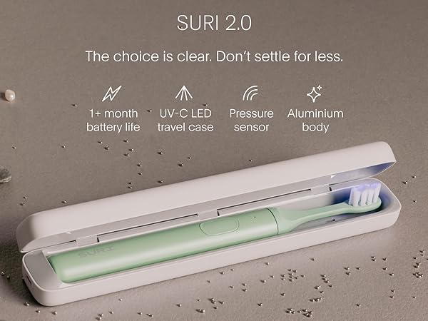 Text reads "SURI 2.0" and "The choice is clear. Don't settle for less." Product features: 1x month battery life, UV-LED, travel case, pressure sensor, aluminum body. White toothbrush-like device with green accent displayed on textured surface.