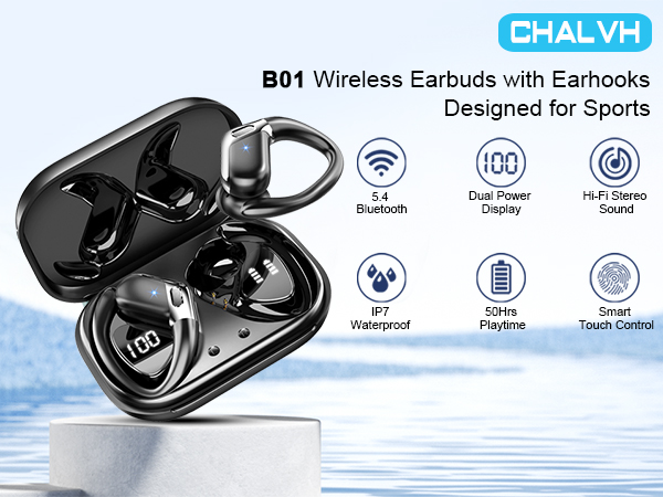 CHALVH B01 wireless earbuds with earhooks in charging case, featuring Bluetooth, waterproof, dual power display, and touch control features.