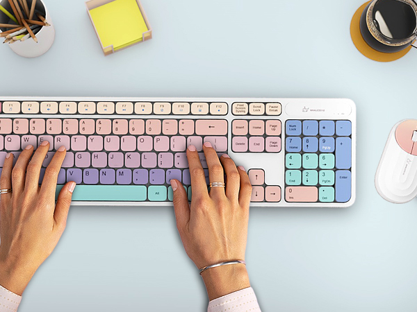 rainbow pastel full-size keyboard and mouse