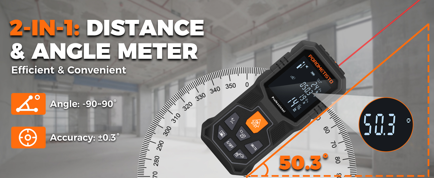 Text reads '2-IN-1 DISTANCE &amp; ANGLE METER Efficient &amp; Convenient', 'Range: 50-50', 'Accuracy: ±0.1'. Digital measurement device shown against protractor background with LCD display.