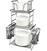 HULISEN 3-Tier Buffet Caddy, 7-Piece Set Stackable Paper Plate and Utensil Holder for Party, Deta...