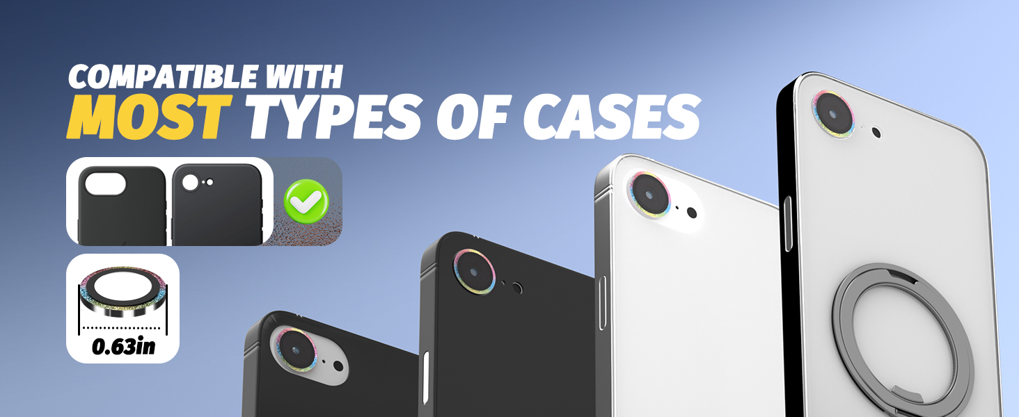 Text reads: 'COMPATIBLE WITH MOST TYPES OF CASES'. Product compatibility diagram showing smartphone cases with 0.4mm measurement indicator.