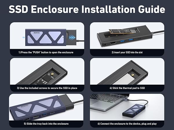 Text reads 'SSD Enclosure Installation Guide'. Step-by-step installation instructions for electronic device shown in multiple panels with dark background.
