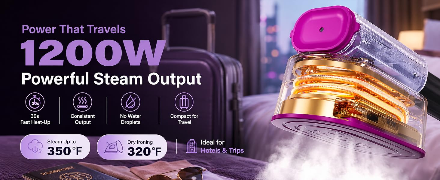 1200W powerful steam output, 30s fast heat-up, consistent output, no water droplets