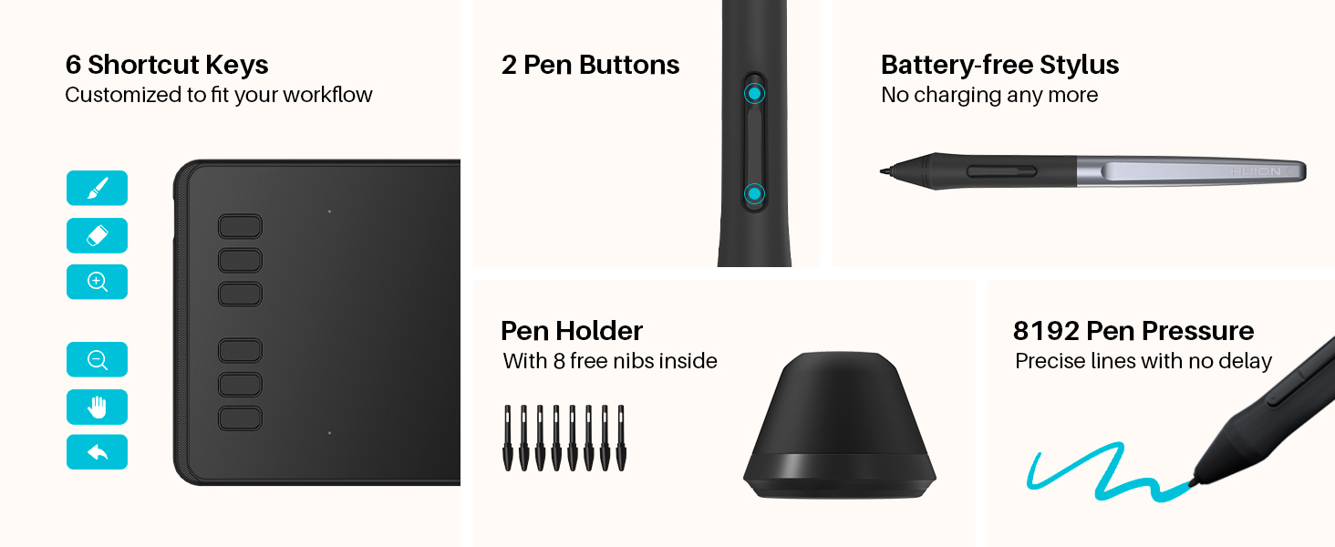 H640P digital drawing tablet with battery-free stylus 8192 pen pressure