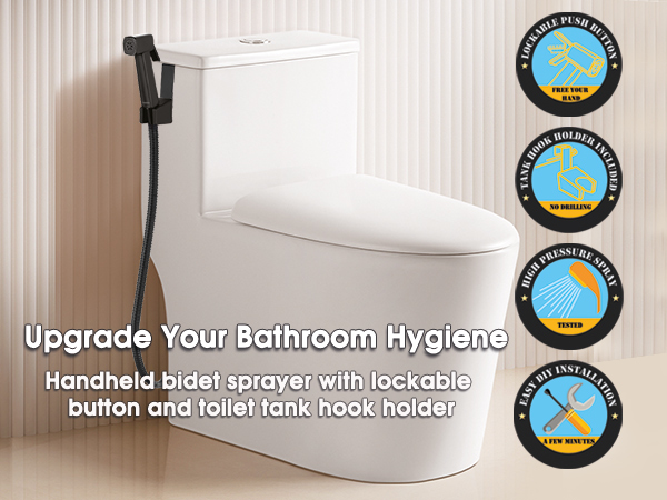 handheld bidet sprayer with toilet tank hook holder installed beside toilet
