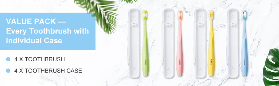 4 soft bristle toothbrushes with 4 individual travel cases- Value Pack