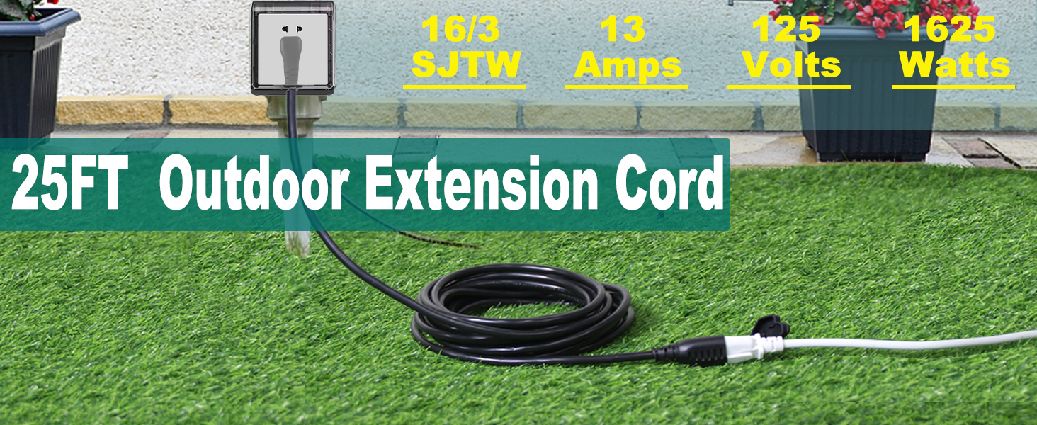 Black Outdoor Extension Cord - SJTW 16AWG Weatherproof Grounded 3Prong Extension Cord