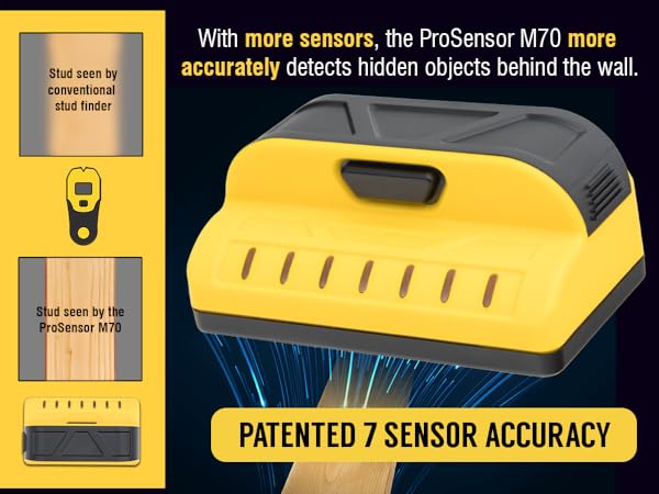 With 7 patented sensors, the M70 stud finder more accurately detects studs behind the wall