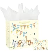 13" Large Baby Boy Gift Bag for Baby Shower with Tissue Paper and Greeting Card Watercolor Animal...