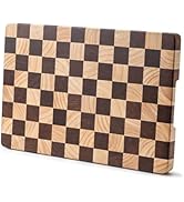 Wooden cutting board with classic checkerboard pattern in dark and light wood squares, rectangular shape with alternating squares.