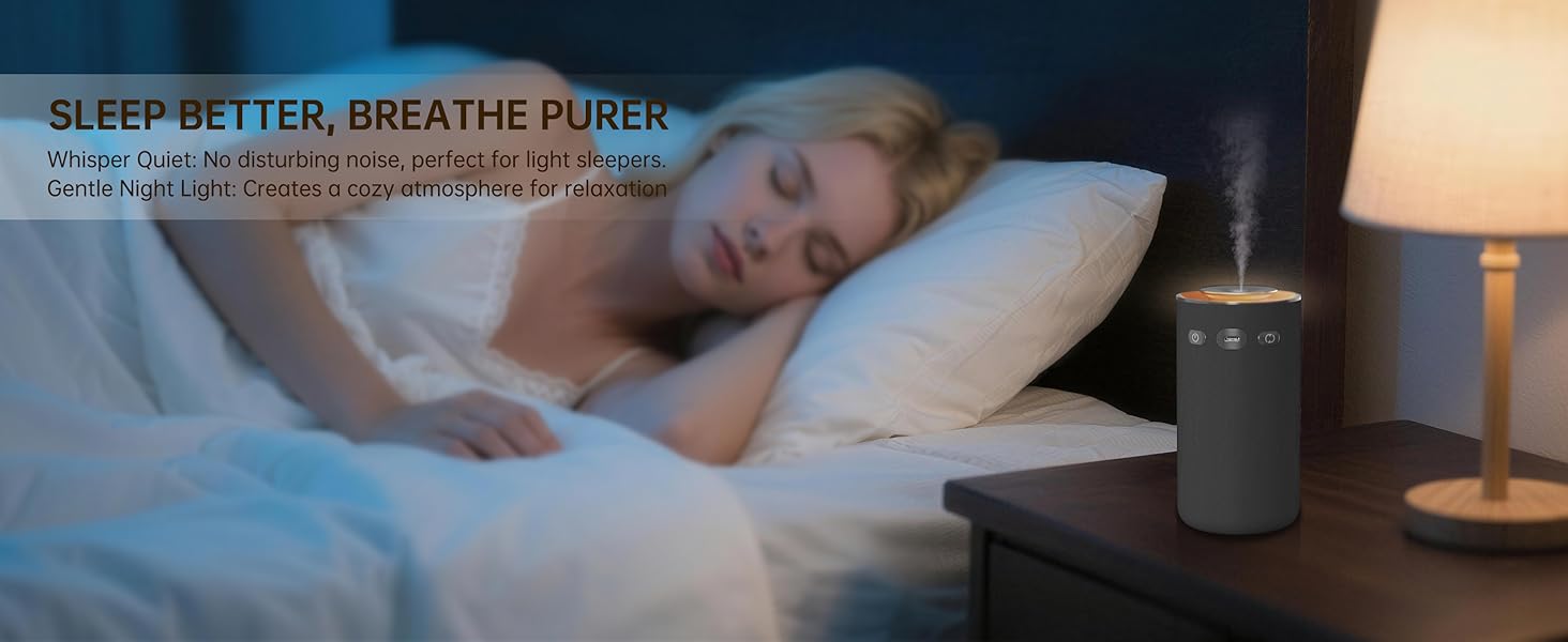 Text reads 'SLEEP BETTER, BREATHE PURER'. Marketing image showing diffuser or air purifier device on bedside table with mist effect.