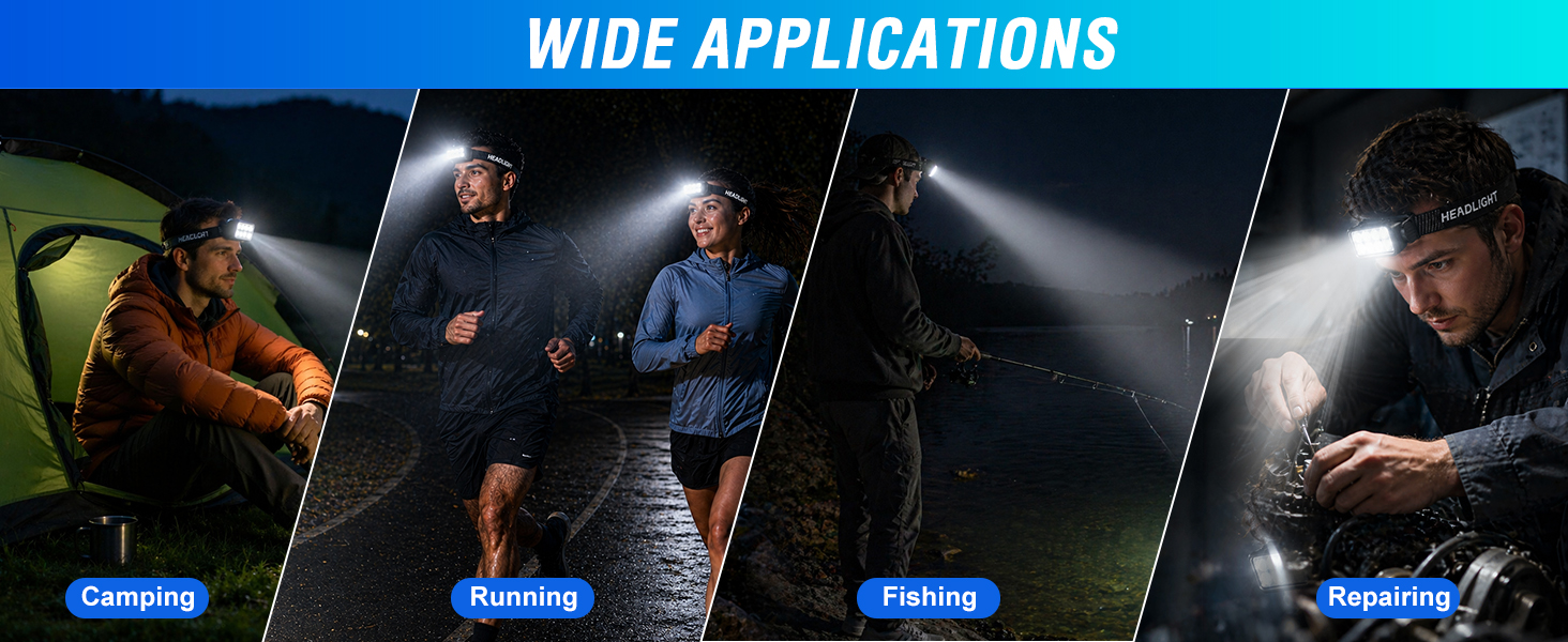 This head flashlight is ideal for camping, running, fishing, biking, dog walking, equipment repair.