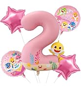 PartyWoo Baby Shark Pink Foil Number 2 Balloon 5pcs 40 18 Inch Pink Round Star Mylar Helium Birth...