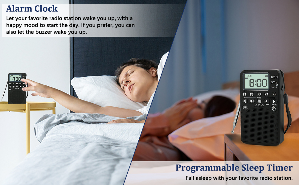 am fm pocket radio with alarm clock snooze sleep timer