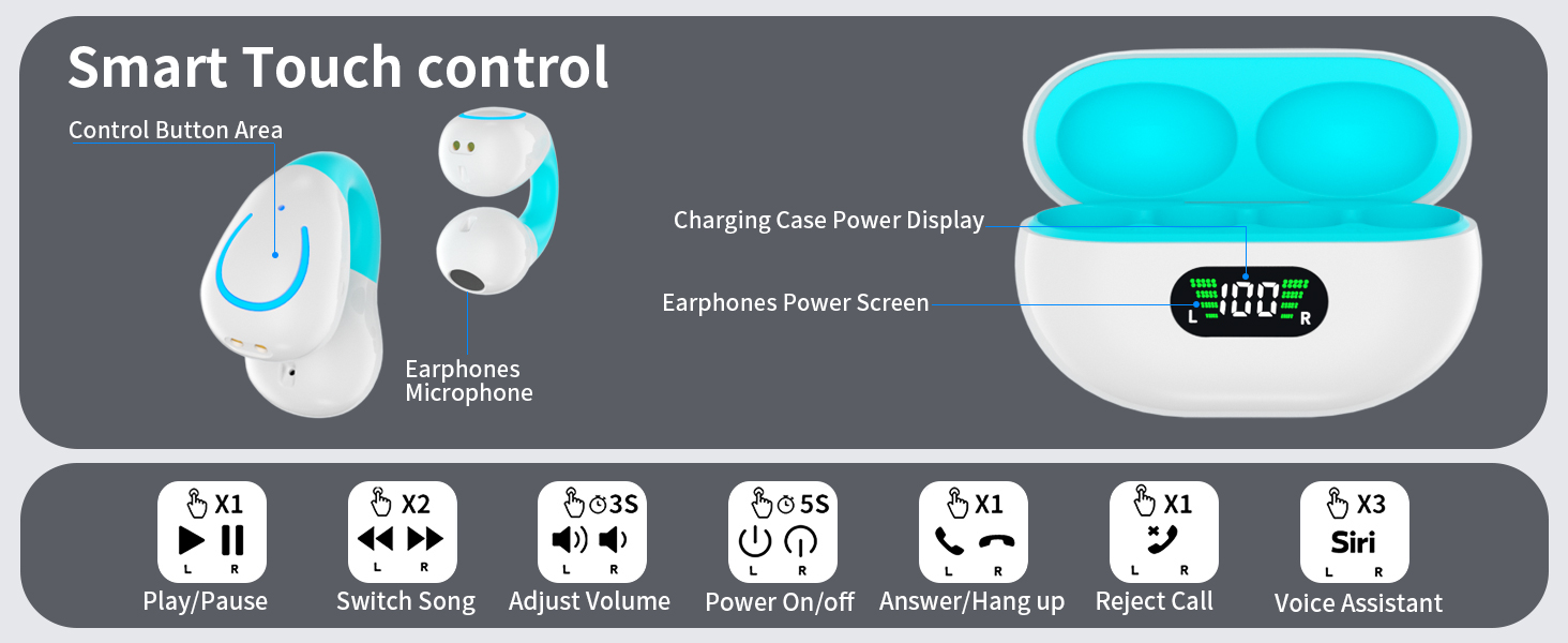 Open Ear Headphones,True Wireless Bluetooth 5.3 Lightweight Comfort Bone Conduction Clip On Earbuds