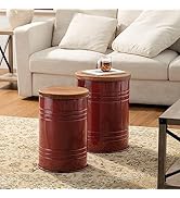 glitzhome Rustic Storage Ottoman Seat Stool, Farmhouse Nesting Table, Galvanized Barrel Metal Acc...