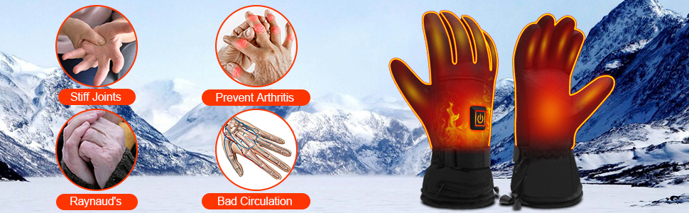 Orange heated gloves with mountain backdrop. Four circular icons highlight features: self-heating, arthritis relief, Raynaud's aid, and cold circulation improvement.