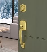 Schlage Greenwich Front Entry Handleset with Deadbolt in Satin Brass Finish on front door