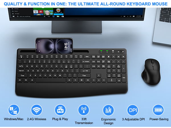 Wireless Keyboard and Mouse, Comfort Ergonomic Palm Rest Keyboard Mouse Combo Phone Holder