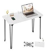 coeztt Foldable Desk, 31.5" Hairpin Legs Small Desk with Power Strip for Bedroom, Space Saving Fo...