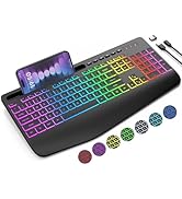 Wireless Keyboard with 8 Colored, 9 Effects Backlits, Wrist Rest, Phone Holder, Rechargeable Ergo...