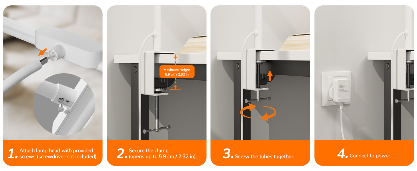 Four-panel installation guide showing step-by-step process for mounting and connecting a wall device, with orange directional arrows indicating movement.