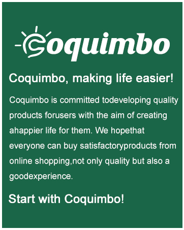 Text reads "Coquimbo", "Coquimbo, making life easier!", and mission statement about quality products. Green banner with white text describing brand commitment to satisfactory shopping experience.