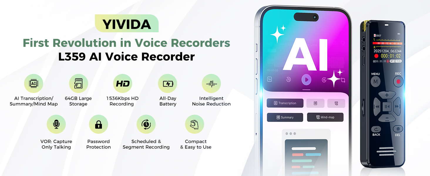 L359 has AI transcription, noise reduction, password protection, long battery life, compact design.