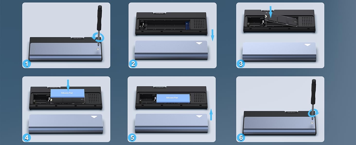 Six-panel image showcasing a portable document scanner in various stages of use. Device appears compact with a sleek white and black design.