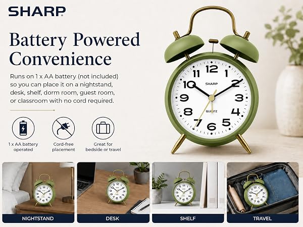 retro clock 50s 60s 70s analog twin bell loud alarm super loud battery powered wake up everytime