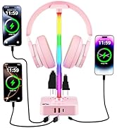 cozoo Gifts for Teen Girls Cute Pink RGB Headphone Stand &amp; Charging Station, 3 USB 2 AC Outlets -...